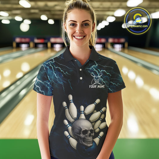 Blue Thunder Lightning Skull Reaper Bowling Polo, 1/4 Zip Shirts For Women Custom team bowling jerseys NQS9849