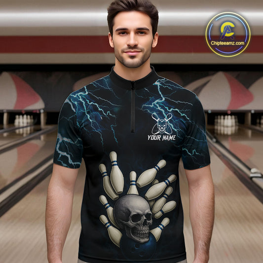 Blue Thunder Lightning Skull Reaper Bowling Polo, 1/4 Zip Shirts For Men Custom team bowling jerseys NQS9849
