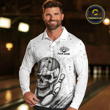 Load image into Gallery viewer, Black and White Grunge Skull Bowling Polo, 1/4 Zip Shirts For Men Custom Skull team bowling jerseys NQS9854