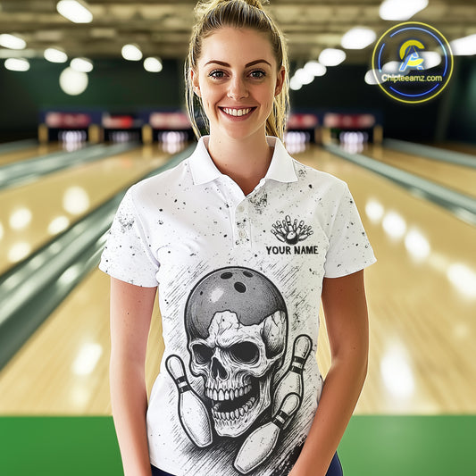 Black and White Grunge Skull Bowling Polo, 1/4 Zip Shirts For Women Custom Skull team bowling jerseys NQS9854
