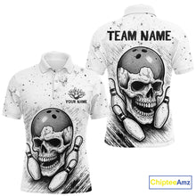 Load image into Gallery viewer, Black and White Grunge Skull Bowling Polo, 1/4 Zip Shirts For Men Custom Skull team bowling jerseys NQS9854