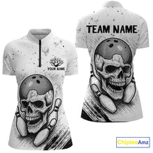 Load image into Gallery viewer, Black and White Grunge Skull Bowling Polo, 1/4 Zip Shirts For Women Custom Skull team bowling jerseys NQS9854