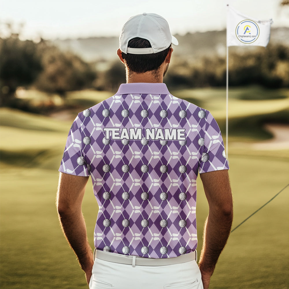 Mens golf polo shirts custom purple argyle plaid pattern golf attire for men, golfer gifts NQS10078