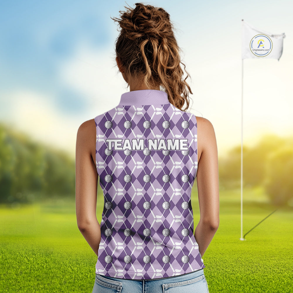 Women sleeveless polo shirt custom purple argyle plaid pattern golf attire for ladies, golfer gifts NQS10078