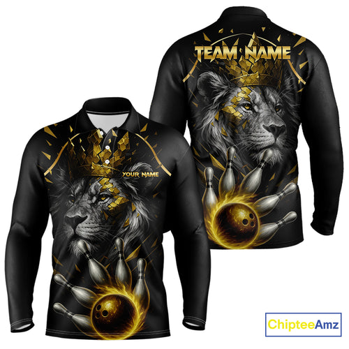 Custom Black and Gold Lion Bowling Polo, Quarter Zip shirts for Men, Lion Team Bowling Jerseys NQS10231