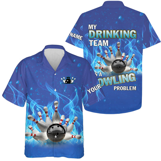 Custom blue Hawaiian bowling shirt for bowling – personalized team jersey front view