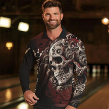 Load image into Gallery viewer, Red and Black Skull Scroll Men Bowling Polo, Quarter Zip Shirts Custom Skull Team bowling Jersey NQS9331