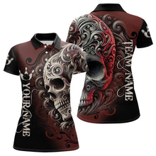 Load image into Gallery viewer, Red and Black Skull Scroll Women Bowling Polo, Quarter Zip Shirts Custom Skull Team bowling Jersey NQS9331