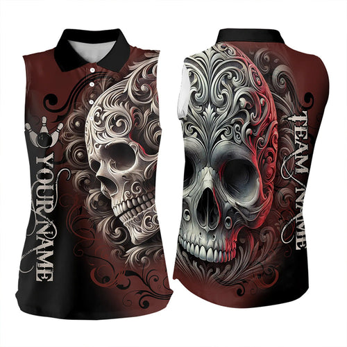 Red and Black Skull Scroll Bowling Sleeveless Polo Shirt Custom Skull Team bowling Jersey NQS9331