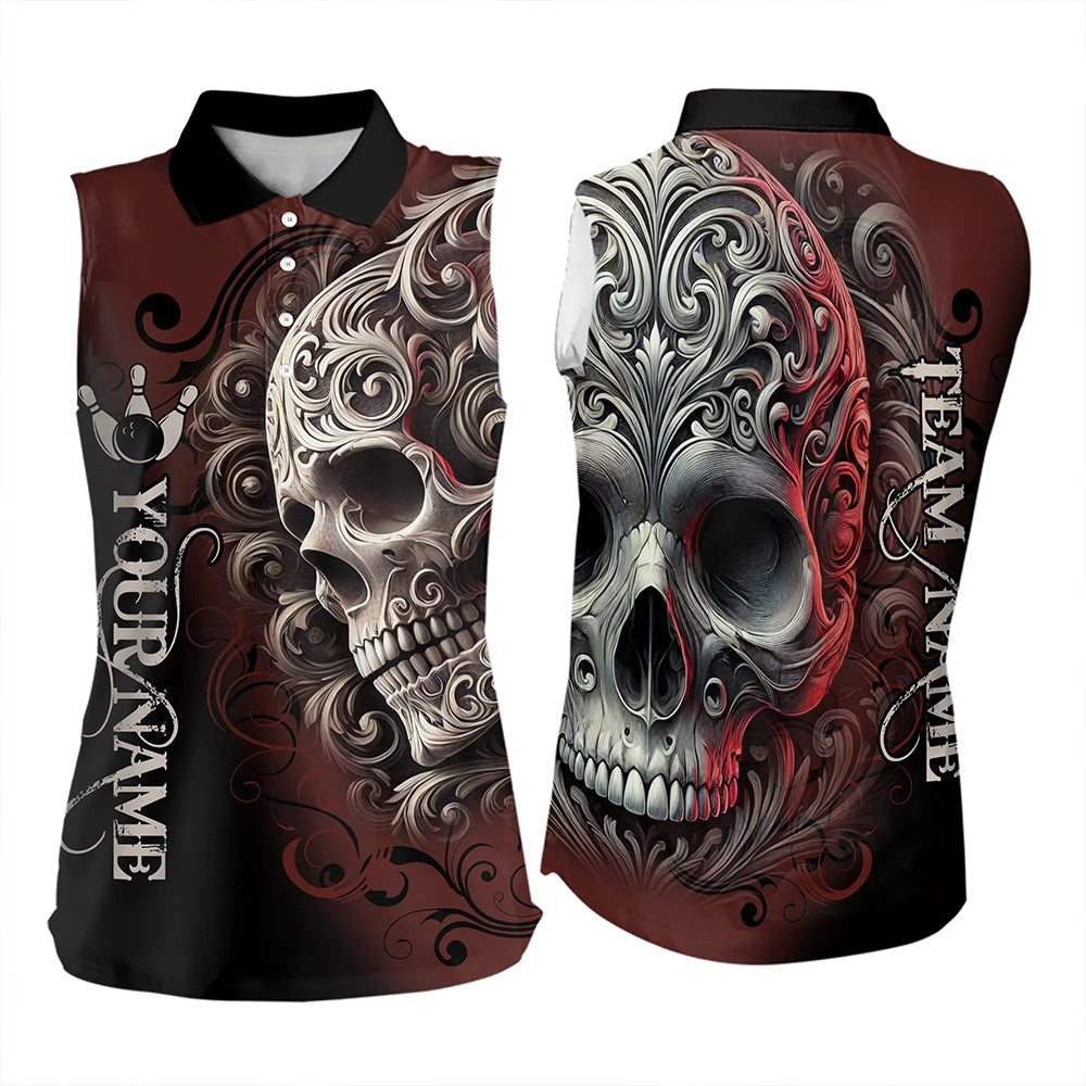 Red and Black Skull Scroll Bowling Sleeveless Polo Shirt Custom Skull Team bowling Jersey NQS9331