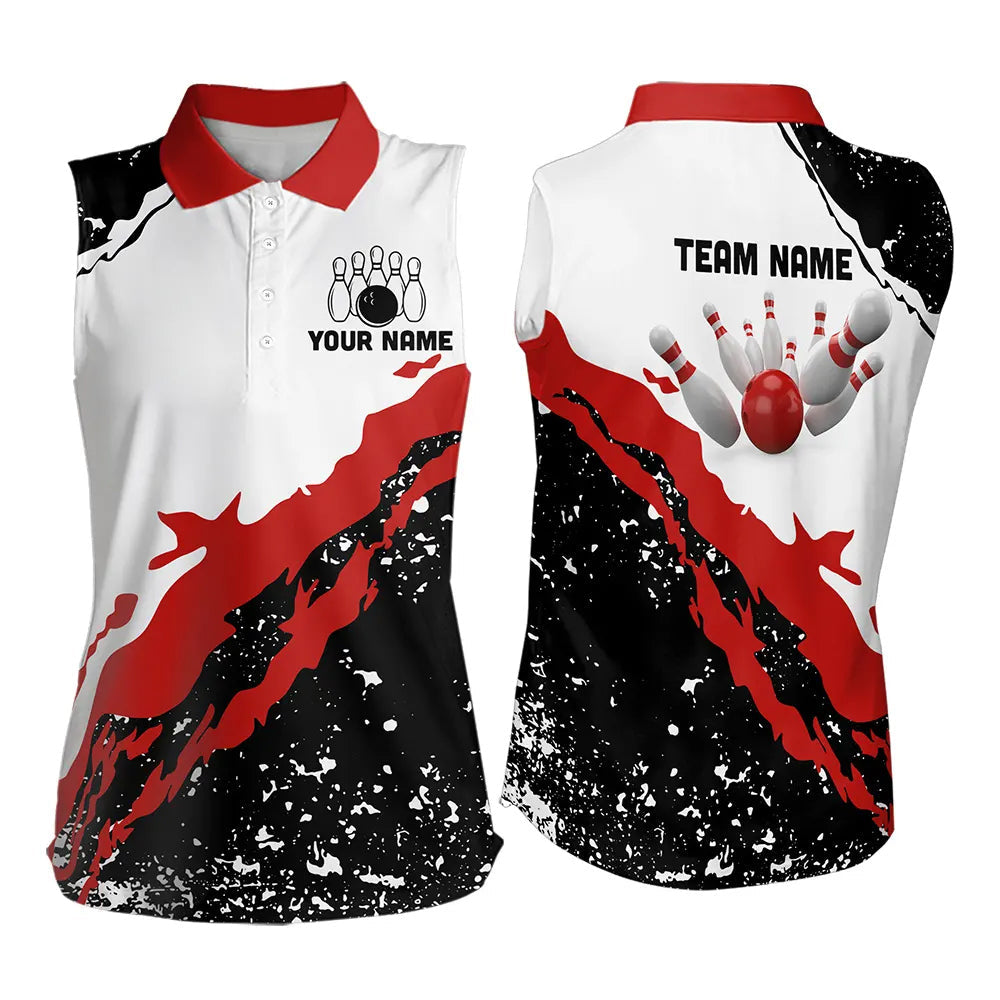 Black and white grunge pattern Bowling Sleeveless Polo shirt Custom Bowling Team league Jerseys | Red NQS9335