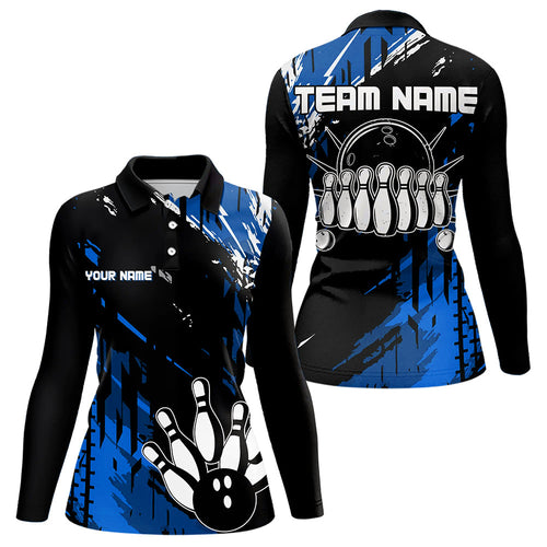 Black and Blue Womens bowling shirts Custom retro bowling ball and pins bowling team league jerseys NQS9474