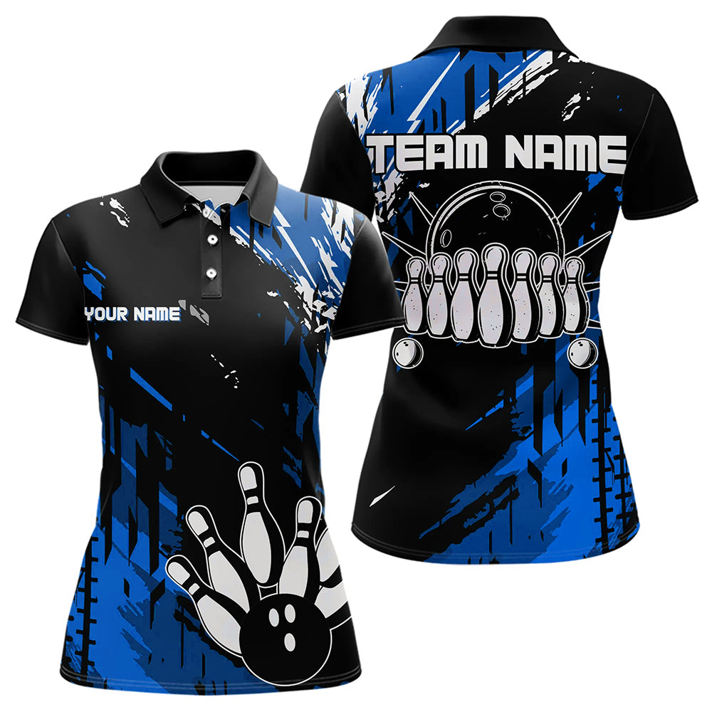 Black and Blue Womens bowling shirts Custom retro bowling ball and pins bowling team league jerseys NQS9474