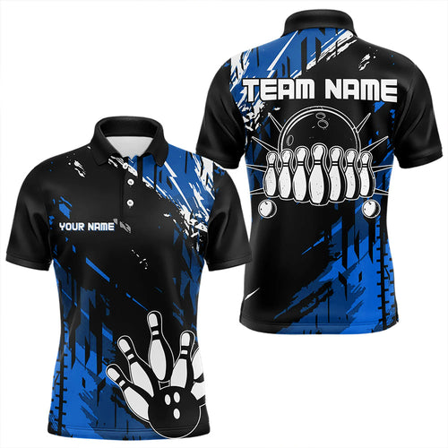 Black and Blue Mens bowling shirts Custom retro bowling ball and pins bowling team league jerseys NQS9474