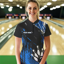 Load image into Gallery viewer, Black and Blue Womens bowling shirts Custom retro bowling ball and pins bowling team league jerseys NQS9474