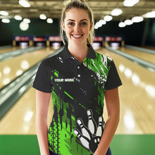 Load image into Gallery viewer, Black and Green Womens bowling shirts Custom retro bowling ball and pins bowling team league jerseys NQS9475
