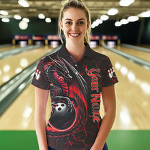 Load image into Gallery viewer, Black And Red Custom Dragon Bowling Shirts For Women, Dragon Bowling Team Shirts NQS9478