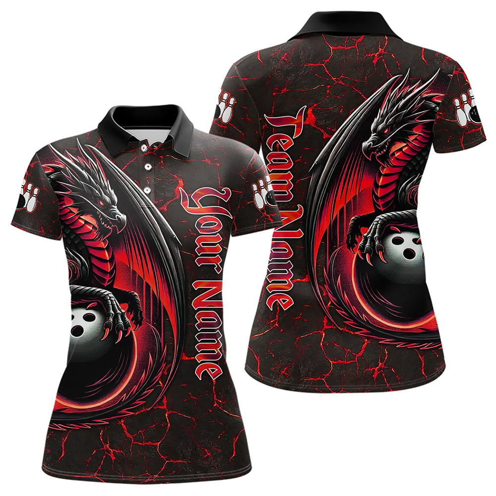 Black And Red Custom Dragon Bowling Shirts For Women, Dragon Bowling Team Shirts NQS9478