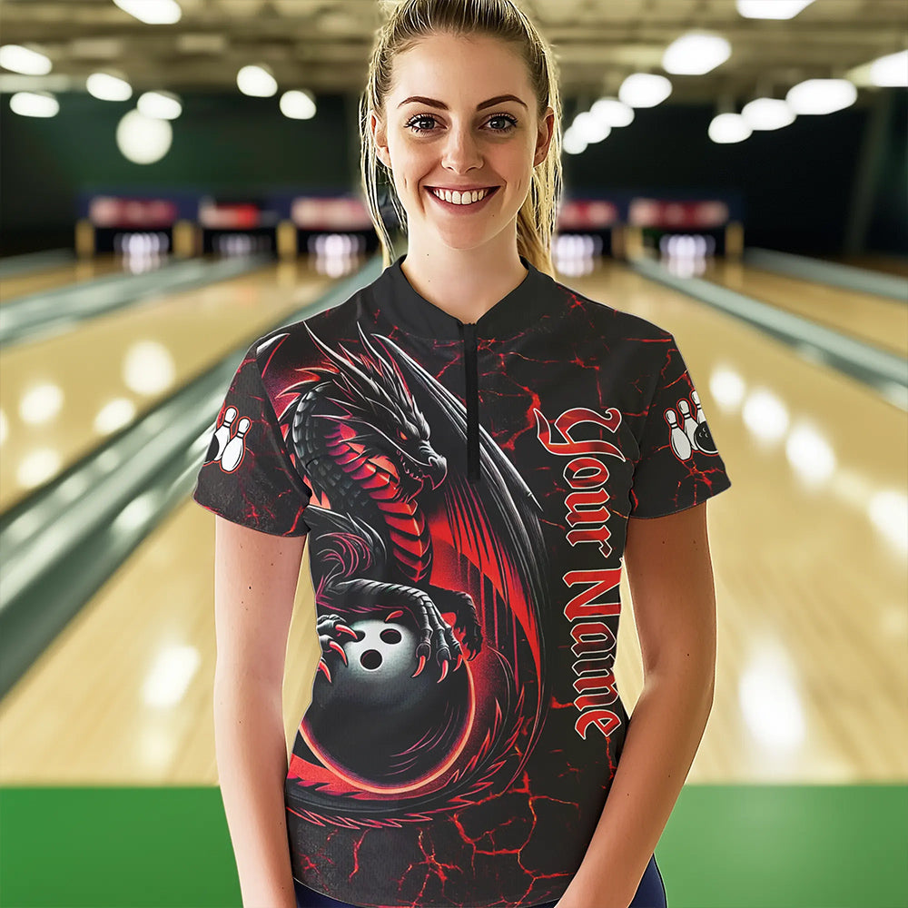 Black And Red Custom Dragon Bowling Shirts For Women, Dragon Bowling Team Shirts NQS9478