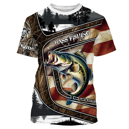 Largemouth Bass Fishing camo American flag patriotic Customize name Bass long sleeves fishing shirts NQS4856