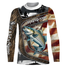 Load image into Gallery viewer, Striped Bass Fishing camo American flag patriotic Customize name striper long sleeve fishing shirts NQS4857