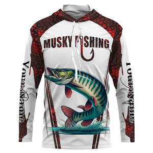 Musky fishing red camo Custom Name 3D Fishing Shirts UV Protection Gift For Fisherman NQS5167