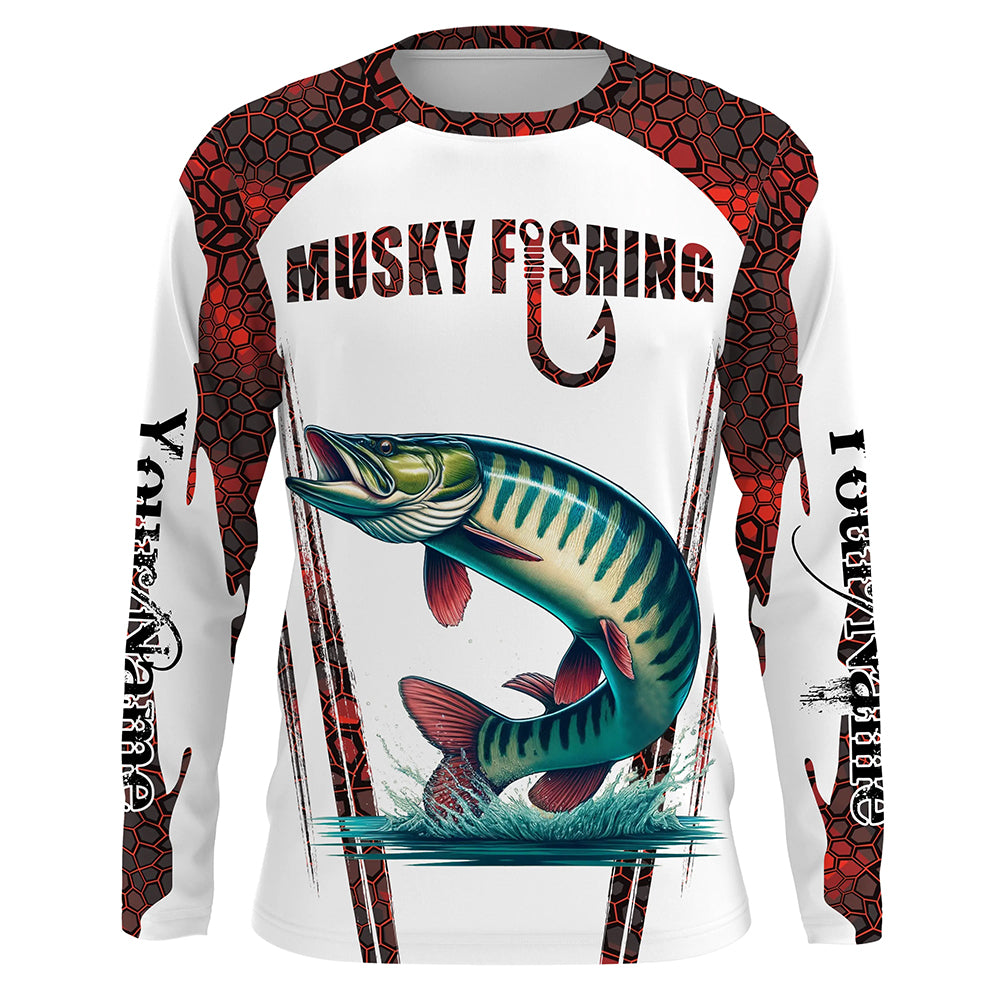 Musky fishing red camo Custom Name 3D Fishing Shirts UV Protection Gift For Fisherman NQS5167