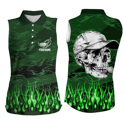 Womens sleeveless polo shirt custom green camo flame golf skull team golf attire for ladies, golf gift NQS7430