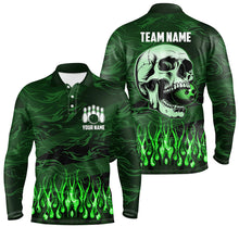 Load image into Gallery viewer, Mens bowling polo shirts Custom Green camo Flame Skull Bowling Team Jerseys, gift for Bowlers NQS7431