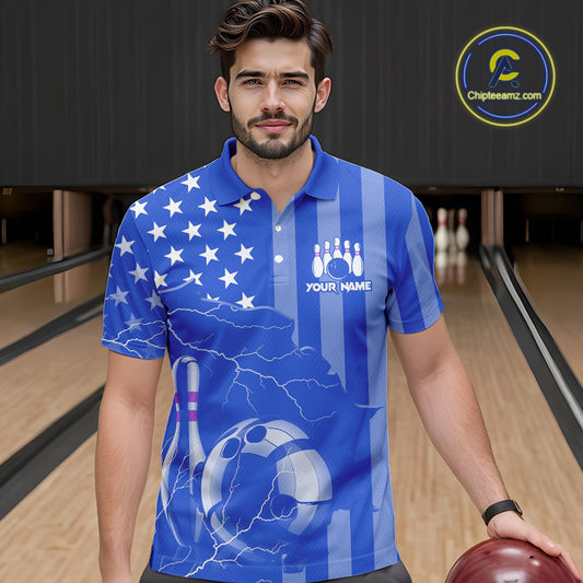 Personalized Blue American flag Lightning thunder Custom Bowling Team Shirts For Mens Bowling Jersey NQS9857