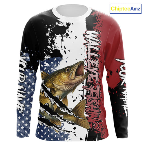 Red, white and blue Walleye fishing American Flag Custom patriotic Walleye fishing jerseys NQS9859