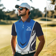 Load image into Gallery viewer, Blue and white Mens golf polo shirts custom golf attire for men, gifts for golf lovers NQS10085