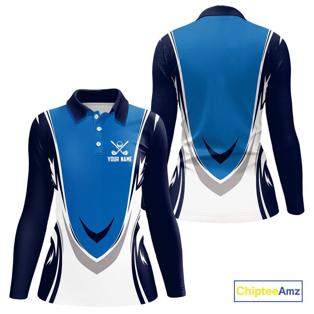 Blue and white Women golf polo shirts custom golf attire for ladies, gifts for golf lovers NQS10085
