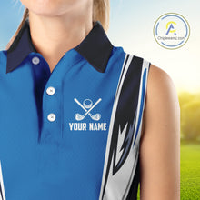 Load image into Gallery viewer, Blue and white Women sleeveless golf polo shirt custom golf attire for ladies, gifts for golf lovers NQS10085