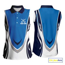 Load image into Gallery viewer, Blue and white Women sleeveless golf polo shirt custom golf attire for ladies, gifts for golf lovers NQS10085