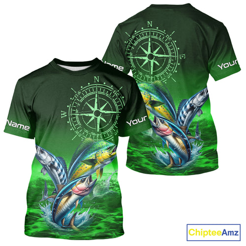 Personalized Mahi Mahi, Wahoo, Tuna Green Performance Fishing Shirt,compass offshore tournament Shirt NQS10234