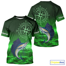Load image into Gallery viewer, Personalized Sailfish Green Performance Fishing Shirts, compass Sailfish fishing tournament Shirts NQS10235