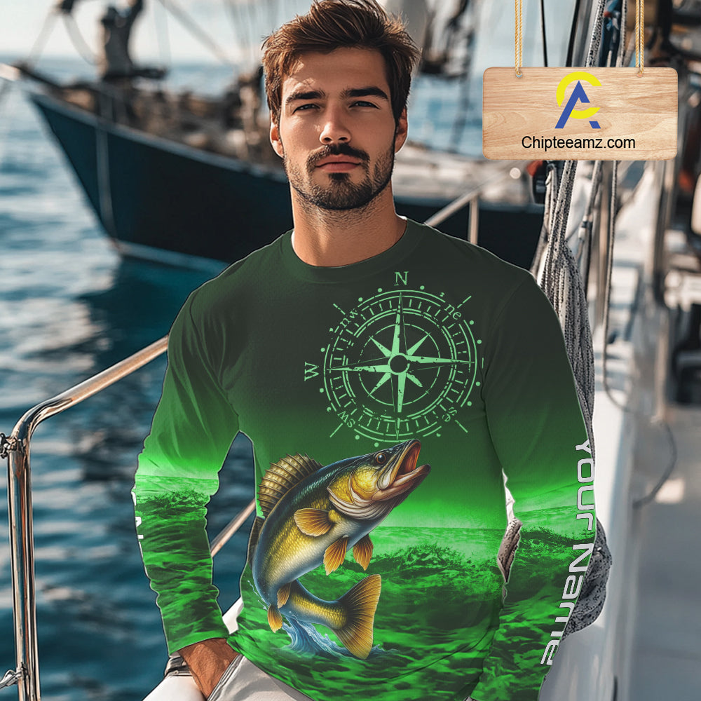 Personalized Walleye Green Performance Fishing Shirts, compass Walleye fishing tournament Shirts NQS10236