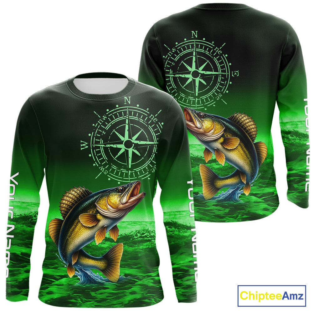 Personalized Walleye Green Performance Fishing Shirts, compass Walleye fishing tournament Shirts NQS10236