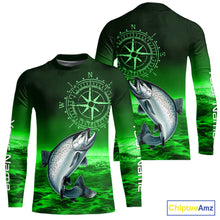 Load image into Gallery viewer, Personalized Salmon Green Performance Fishing Shirts, compass Salmon fishing tournament Shirts NQS10237