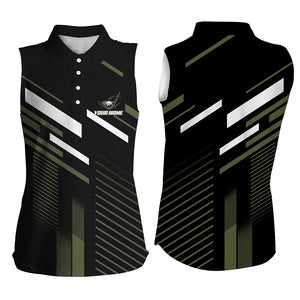 Womens sleeveless polo shirt custom name black green plaid golf outfits for ladies, female golf attire NQS6098