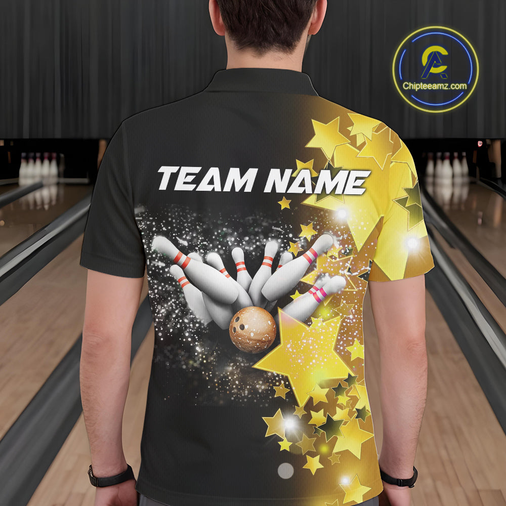 Men bowling Polo, Quarter Zip shirts Custom Gold Stars Bowling Team Bowlers Jersey NQS10599