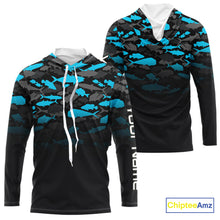 Load image into Gallery viewer, Fishing black and blue camouflage UV long sleeve hooded camo fishing shirts Custom fishing apparel NQS10600