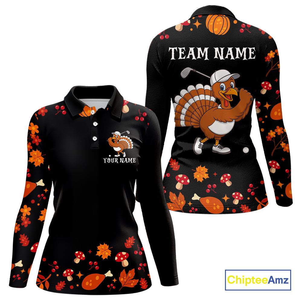 Funny black orange Thanksgiving pattern Golf Polo Shirt For Women custom Turkey golf tops NQS10838