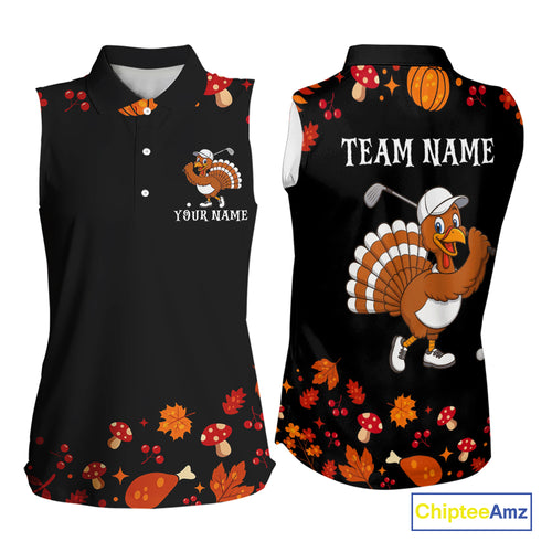 Funny black orange Thanksgiving pattern Sleeveless Golf Polo Shirt For Women custom Turkey golf tops NQS10838