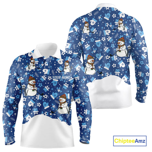 Blue and White Snowman Christmas pattern Golf Polo shirts For men Custom mens Christmas golf shirts NQS11004