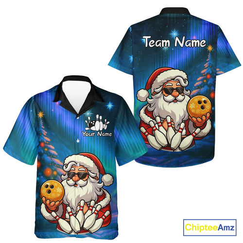 Funny Santa Christmas Hawaiian Bowling Shirts Custom Blue Christmas Night Bowling Team Jersey NQS11010