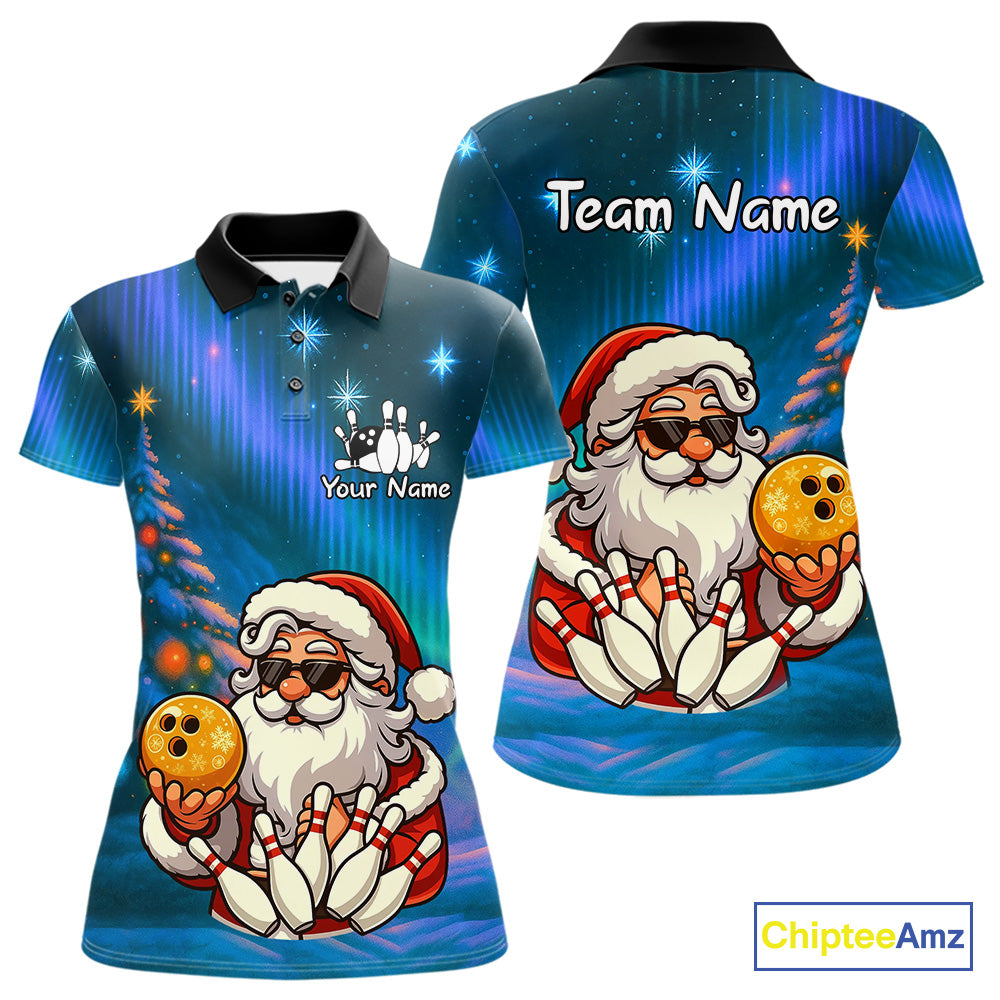 Funny Santa Christmas Bowling Shirts For Women Custom Blue Christmas Night Bowling Team Jersey NQS11010