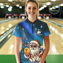 Load image into Gallery viewer, Funny Santa Christmas Bowling Shirts For Women Custom Blue Christmas Night Bowling Team Jersey NQS11010