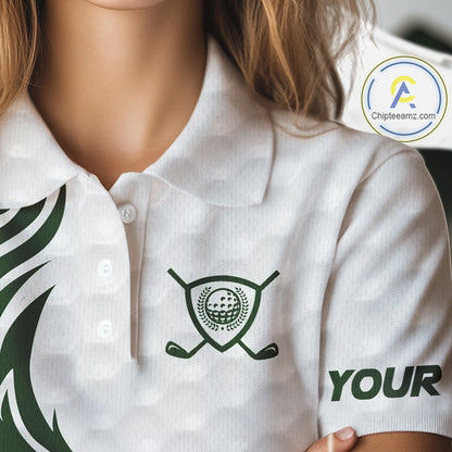 Custom White and Green shamrock pattern Women Golf Polo Shirts, St Patrick's day team ladies golf top NQS11208